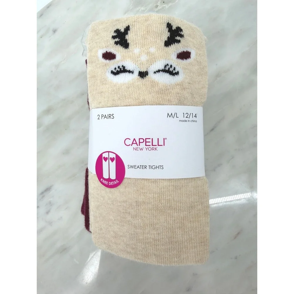 Capelli New York Girls 2-Pack Sweater Tights Deer Antler Cream‎ Burgundy M/L